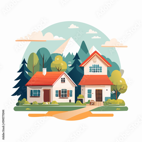 Illustrative panorama of a picturesque rural neighborhood featuring contemporary houses amidst rolling hills and forests