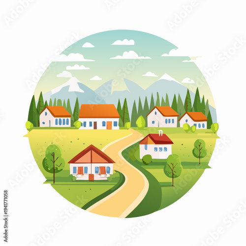 Idyllic rural village scene charming houses, winding road, mountains, peaceful countryside