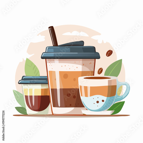 Delicious assortment of freshly brewed coffee beverages in various cups, offering a comforting and energizing experience for any occasion