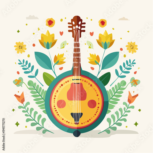 Flat Design Illustration of a Beautiful Lute-like Instrument Adorned with Blooming Flowers