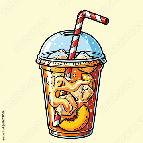 A cartoon illustration of a peach iced tea in a clear plastic cup, complete with ice, a peach slice, and a red and white striped straw