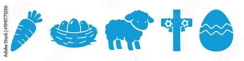Set of five blue Easter-themed vector icons including a carrot, nest with eggs, a sheep, a floral cross, and a decorated Easter egg, isolated on a white background.