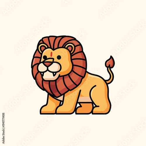 A cartoon lion stands facing left. The lion's fur is yellow and its mane is brown and orange. It has a tiny red mark on its forehead