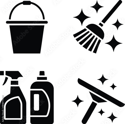 Essential cleaning tools and supplies for maintaining a tidy home environment.