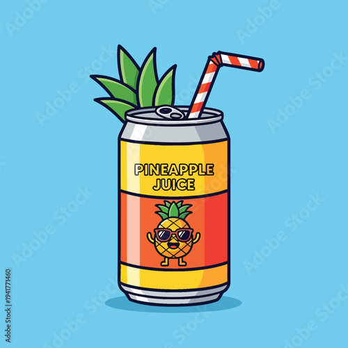 A cartoon image showcasing a can of pineapple juice on a light blue background. The can features a cartoon pineapple wearing sunglasses. A red and white straw sits on top
