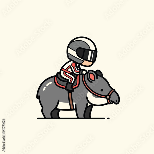 A cartoon rider wearing a helmet and suit is riding an animal with a unique shape. It has a harness and is grey.  Background is light beige