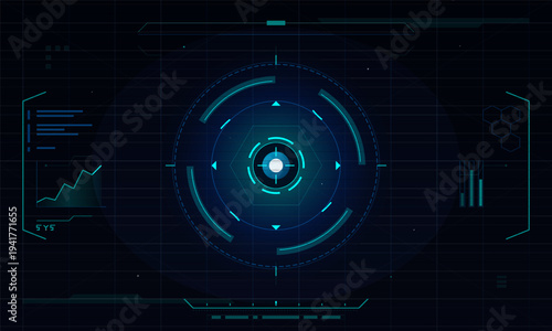 A futuristic heads-up display interface with a central circular