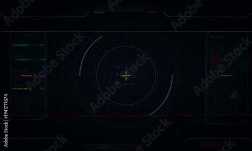 A futuristic digital heads-up display featuring a circular targeting