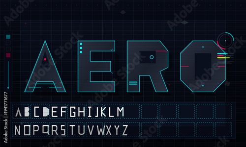 A futuristic geometric font display featuring the word AERO in large