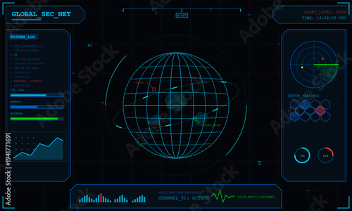 A futuristic digital interface displays global security network data
