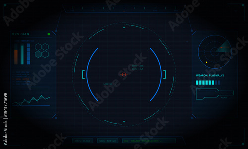 A futuristic heads-up display interface featuring a central targeting