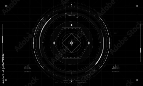 A high-tech digital heads-up display interface featuring a circular