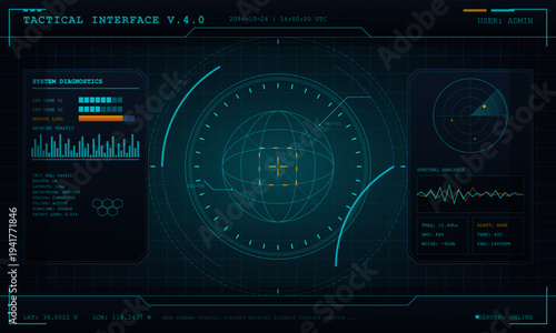 A futuristic tactical interface display featuring system diagnostics