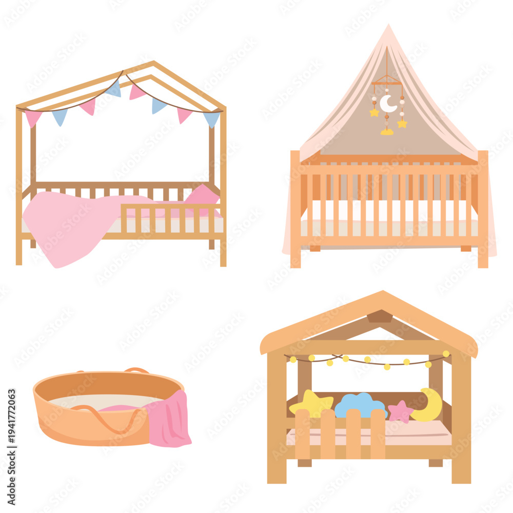Obraz premium Set of Baby cribs. Different kind of kid's bed. Flat vector in cartoon style isolated on white background.