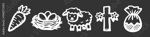 Hand-drawn white Easter icons on a dark background featuring a carrot, nest with eggs, lamb, floral cross, and gift bag. Perfect for seasonal designs, greeting cards, and festive decorations.