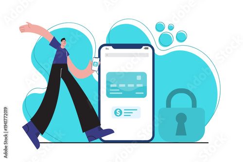 Flat illustration of mobile banking with credit card displayed on smartphone screen and security lock symbol. Concept of secure online transaction, fintech services and digital payment system