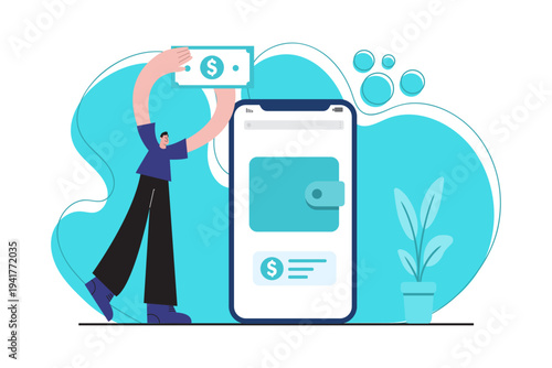 Flat illustration of digital wallet on smartphone with money and financial transaction interface. Concept of mobile banking, online payment, fintech technology, and modern cashless financial system.