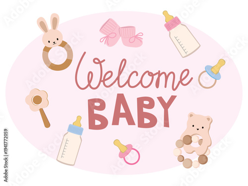 Welcome baby greeting card. Vector invitation card template for baby gender reveal party.