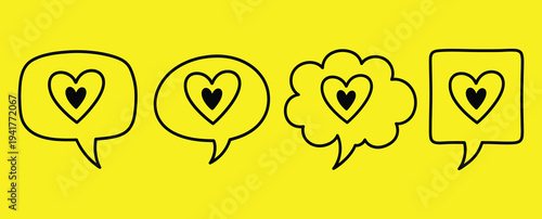 Four heart speech bubbles on a bright yellow background