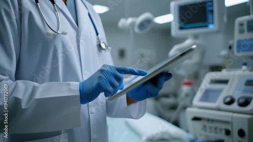 Medical Professional Using Tablet in Clinical Setting