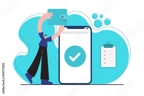 Flat illustration of successful mobile payment verification with checkmark on smartphone screen. Concept of approved digital transaction, fintech payment confirmation and online banking success