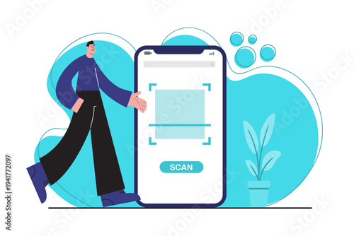 Flat illustration of a man scanning QR code on smartphone for mobile payment. Concept of digital payment, fintech technology, contactless transaction, and cashless economy.