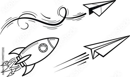 A rocket and paper airplanes soaring through the air