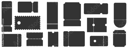Black ticket collection. Perforated cardboard frames with notched borders. Flat paper shapes for movie, event, lottery, receipt. Admission sticker template. Vector design.