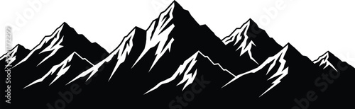 A black and white illustration of a rugged mountain range with snow capped peaks