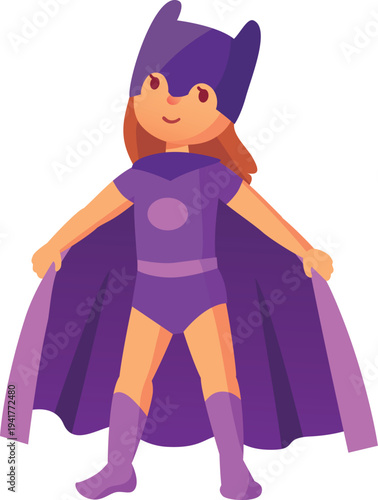 Happy child wearing a purple superhero costume with cape and mask is standing with open arms, showing confidence and readiness for heroic adventures