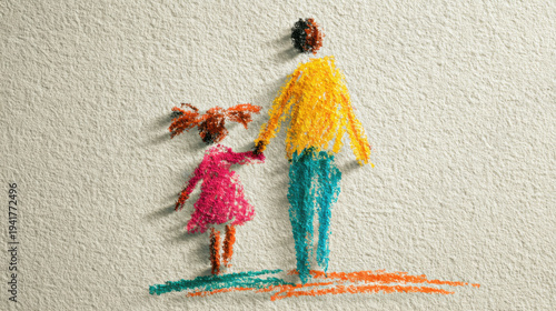 Crayon drawing child parent love, family bond, holding hand, sketch, pastel color on paper, warm emotional moment, tender care