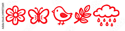 Set of simple red hand-drawn nature icons including a flower, butterfly, bird, leaf, and rain cloud. Minimalist doodle illustrations for spring and garden themes on a white background.