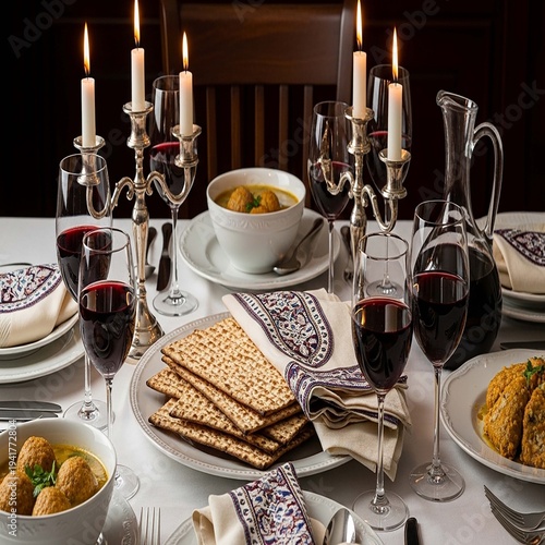 Elegant Passover Seder table setting with traditional Jewish meal