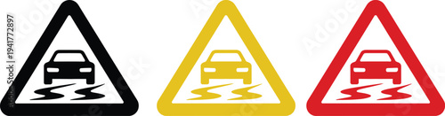 Warning signs indicating potential road hazards involving vehicles and water