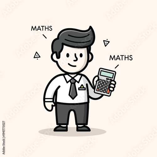 A cartoon man holds a calculator, indicating a mathematics theme. There are floating triangular designs, and the word "MATHS" is displayed