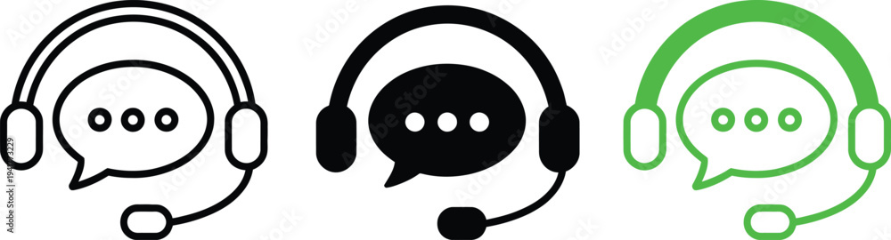 Fototapeta premium Three stylized speech bubble icons with headsets in varying colors