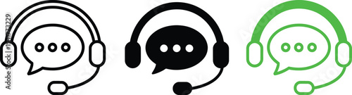 Three stylized speech bubble icons with headsets in varying colors