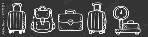 Hand-drawn chalk style travel luggage icons set on black background, including suitcases, backpack, briefcase, and airport scale. Vector doodle illustration for vacation and business trips.