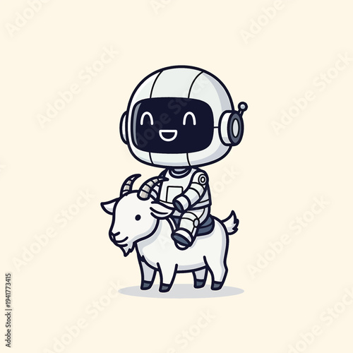 A cartoon robot character wearing a spacesuit is riding a white goat, smiling with eyes and a mouth, against a cream background