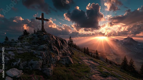 Wooden cross on mountain peak at sunset spiritual background