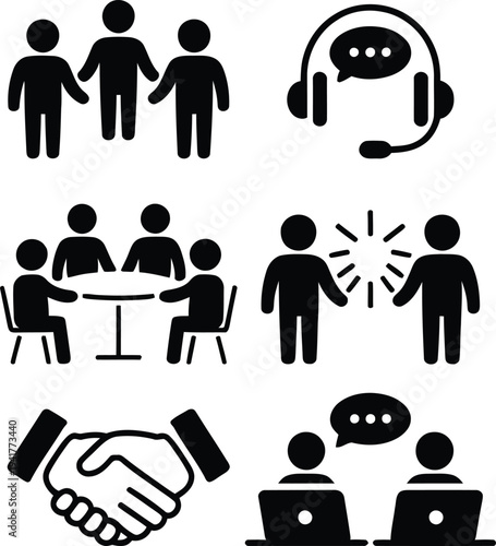 Illustrations depicting various forms of communication and collaboration between people