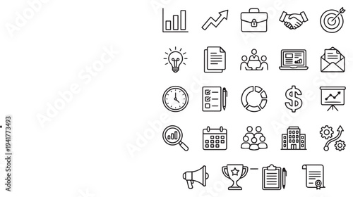 Minimal Business and Target Icons Set – Strategy, Analytics, Growth Line Icon Collection