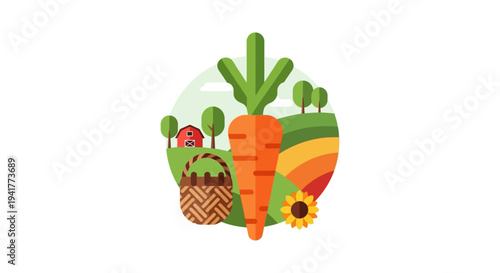 Flat Design Vector Icon of Large Carrot on a Farm Background with Barn, Harvest Basket, and Fields. Agriculture and Organic Food Concept.