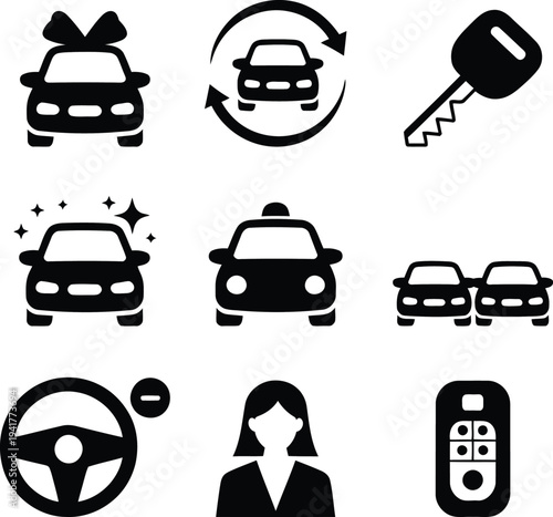 Collection of icons representing various aspects of driving and vehicle ownership
