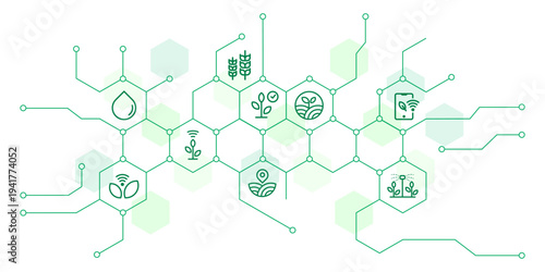 Modern smart agriculture network with various icons depicting precision farming, IoT integration, sustainable practices, and innovative solutions for efficient crop management.