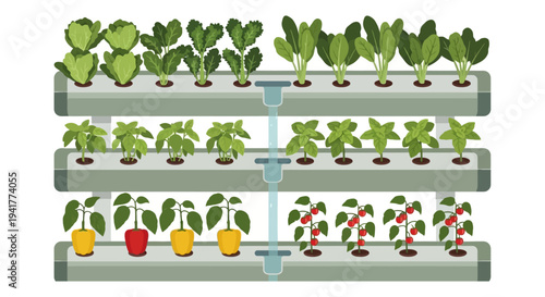 Hydroponic Vertical Farm Illustration. Modern Urban Agriculture Technology Growing Leafy Greens, Herbs, and Vegetables in Multi-Tiered System.