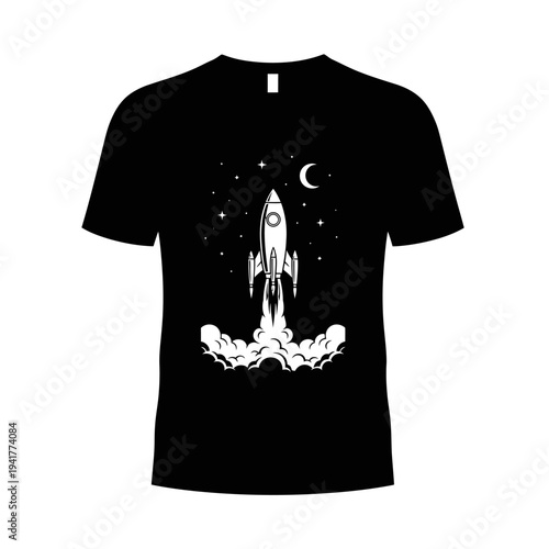 Black T-shirt featuring a white rocket ship design with stars and moon.