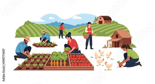 Flat Vector Illustration of Farmers Working on Organic Farm, Harvesting Fresh Vegetables, Planting Seedlings, and Tending Crops.