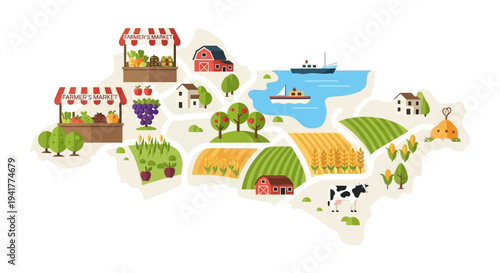 Local Food Production Map: Flat Vector Illustration of Sustainable Farming, Farmer's Markets, Crops, Livestock, and Rural Landscape