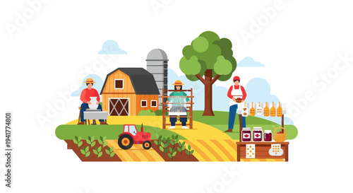 Flat Vector Illustration of Farm Crafts: Artisans Making Pottery, Weaving, and Selling Organic Products at Local Market